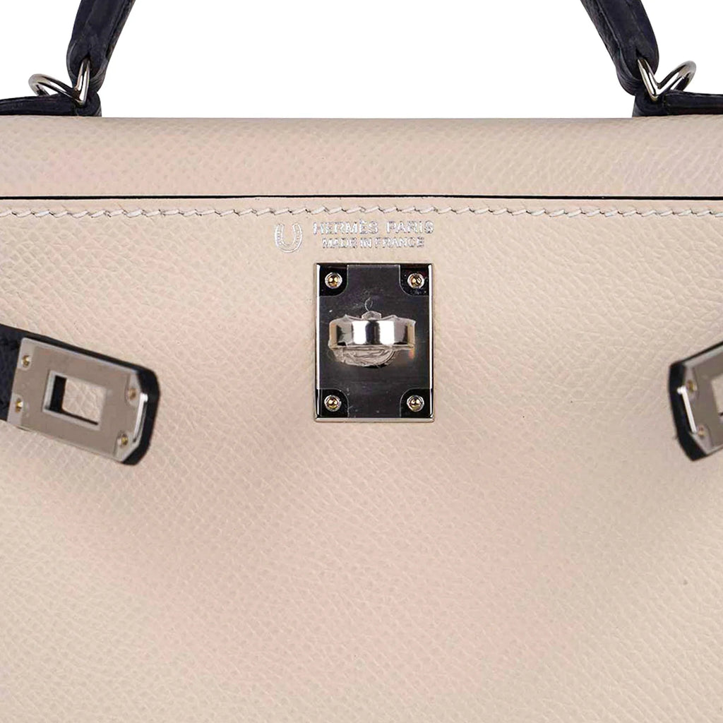 Special Order HSS Mini Kelly 20 Bag Sellier Craie & Blue Indigo Epsom Leather with Palladium Hardware