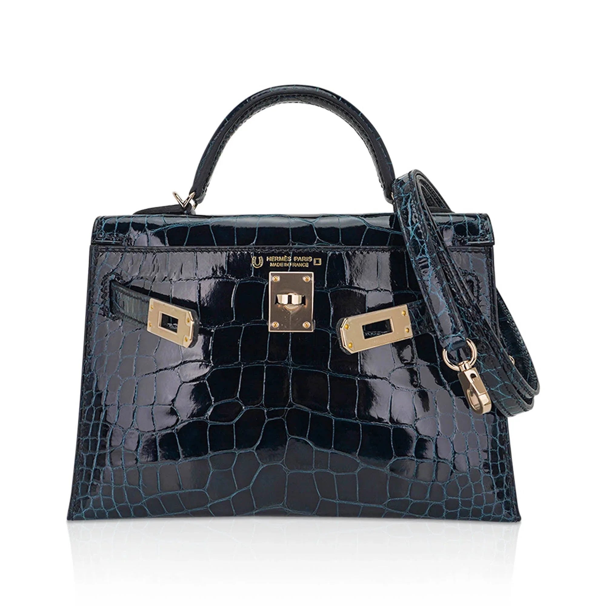 Limited Edition Verso Mini Kelly 20 Sellier Bag Vert Rousseau & Blue Paon Alligator with Permabrass Hardware