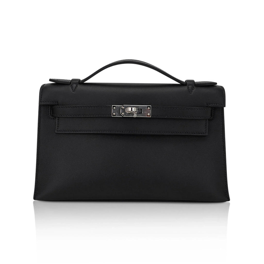 Kelly Pochette Clutch Bag Black Swift Leather with Palladium Hardware