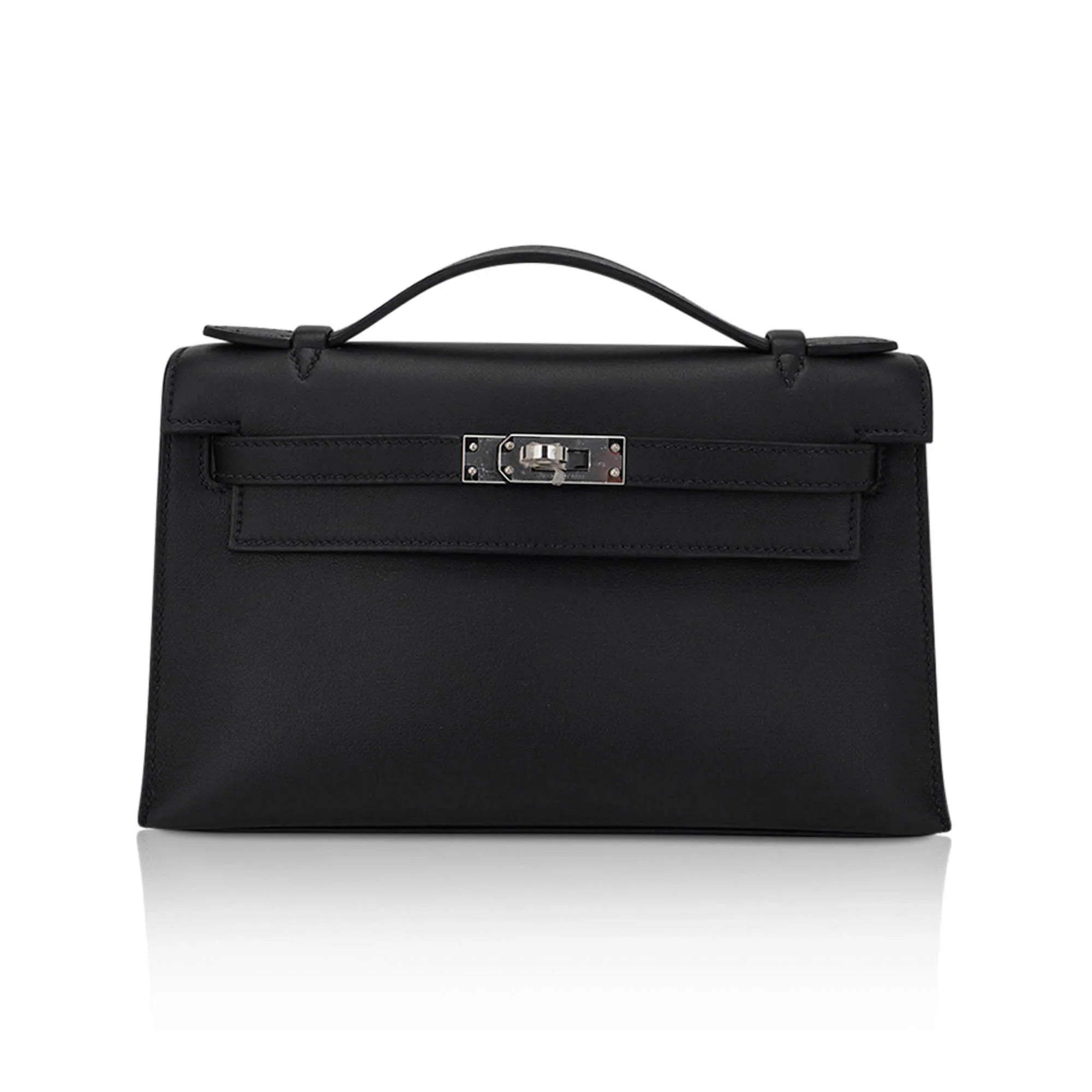 Kelly Pochette Clutch Bag Black Swift Leather with Palladium Hardware