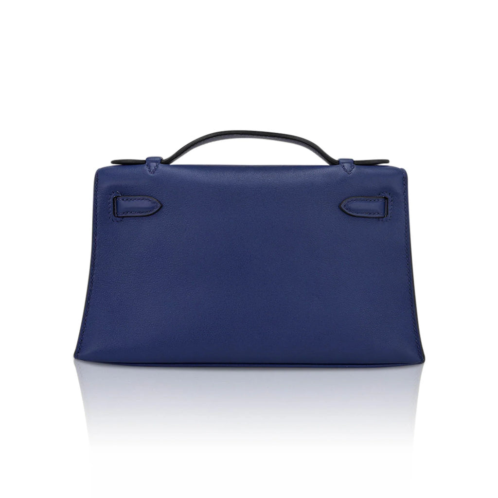 Kelly Pochette Clutch Bag Blue Sapphire Swift Leather with Palladium Hardware