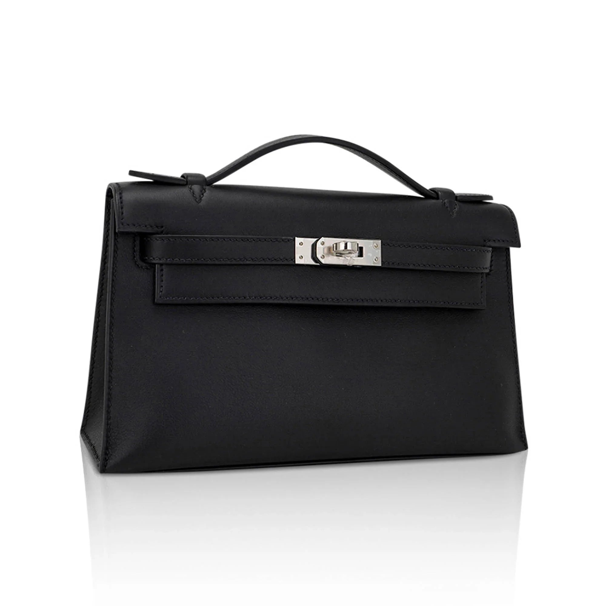 Kelly Pochette Clutch Bag Black Swift Leather with Palladium Hardware