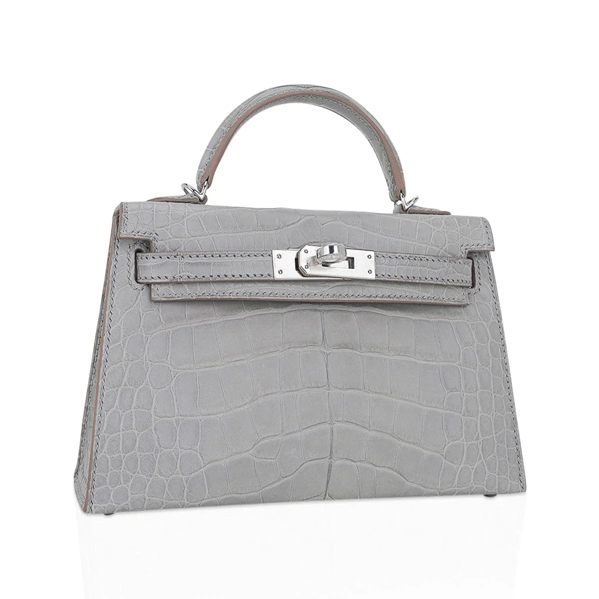 Limited Edition Mini Kelly 20 Sellier Matte Gris Perle Alligator Bag Palladium Hardware