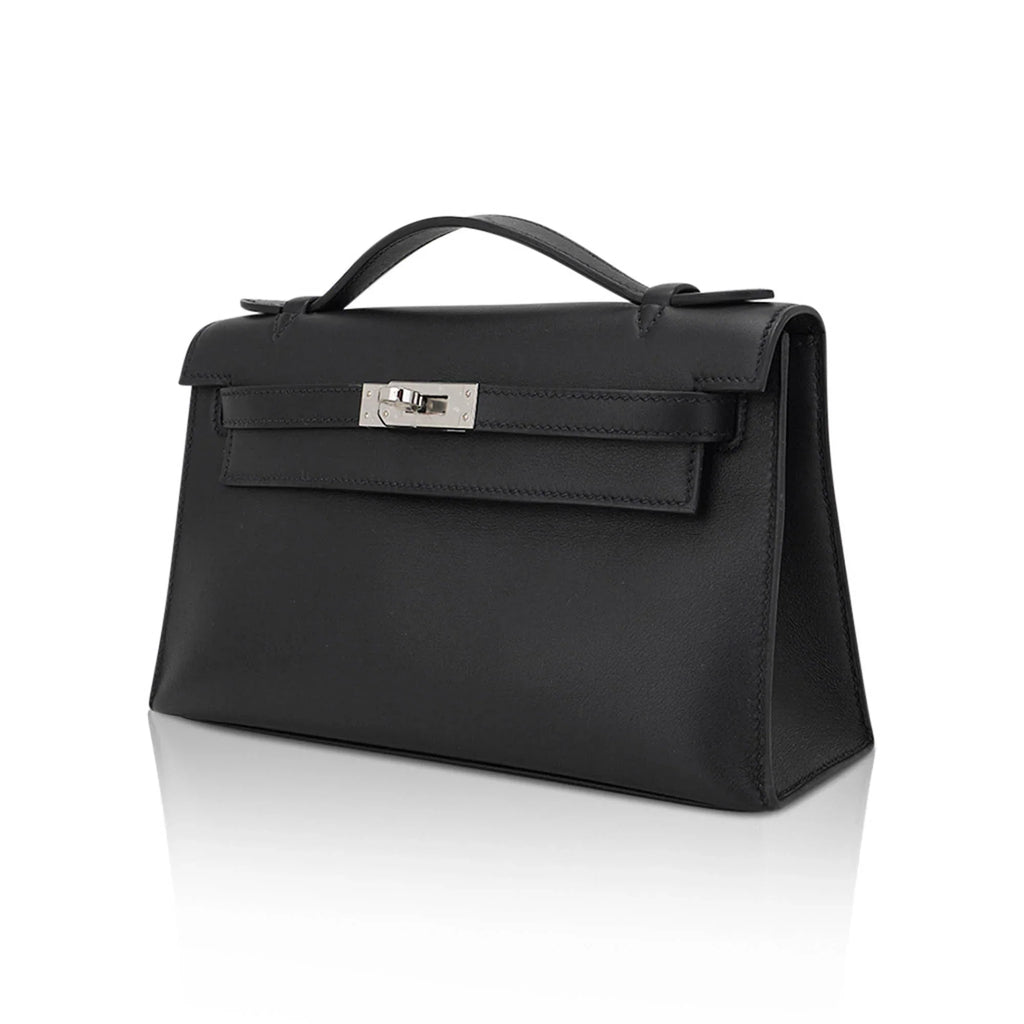 Kelly Pochette Clutch Bag Black Swift Leather with Palladium Hardware